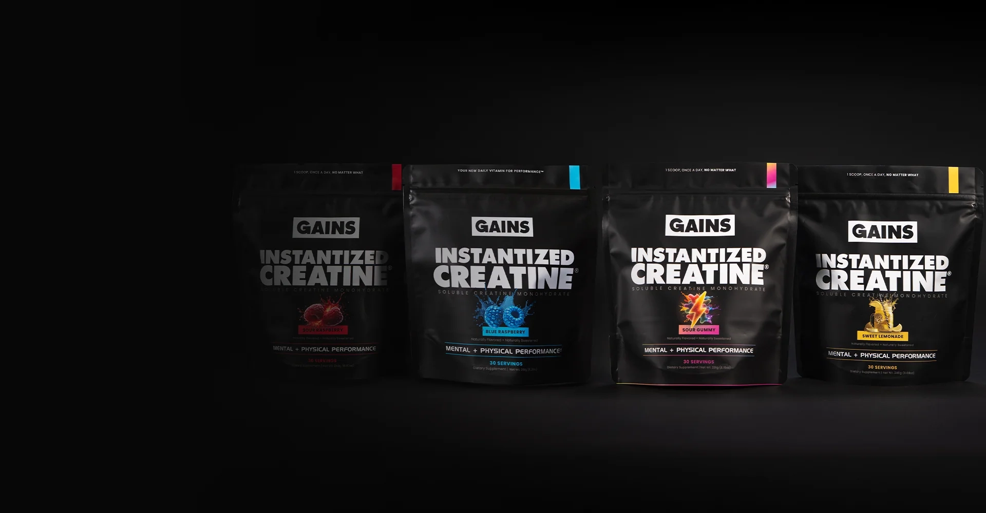 Four black Instantized Creatine pouches lined up in different flavors