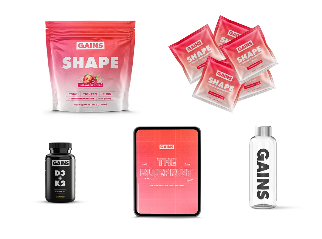 SHAPE pouch, sachets, capsule bottle and phone on white