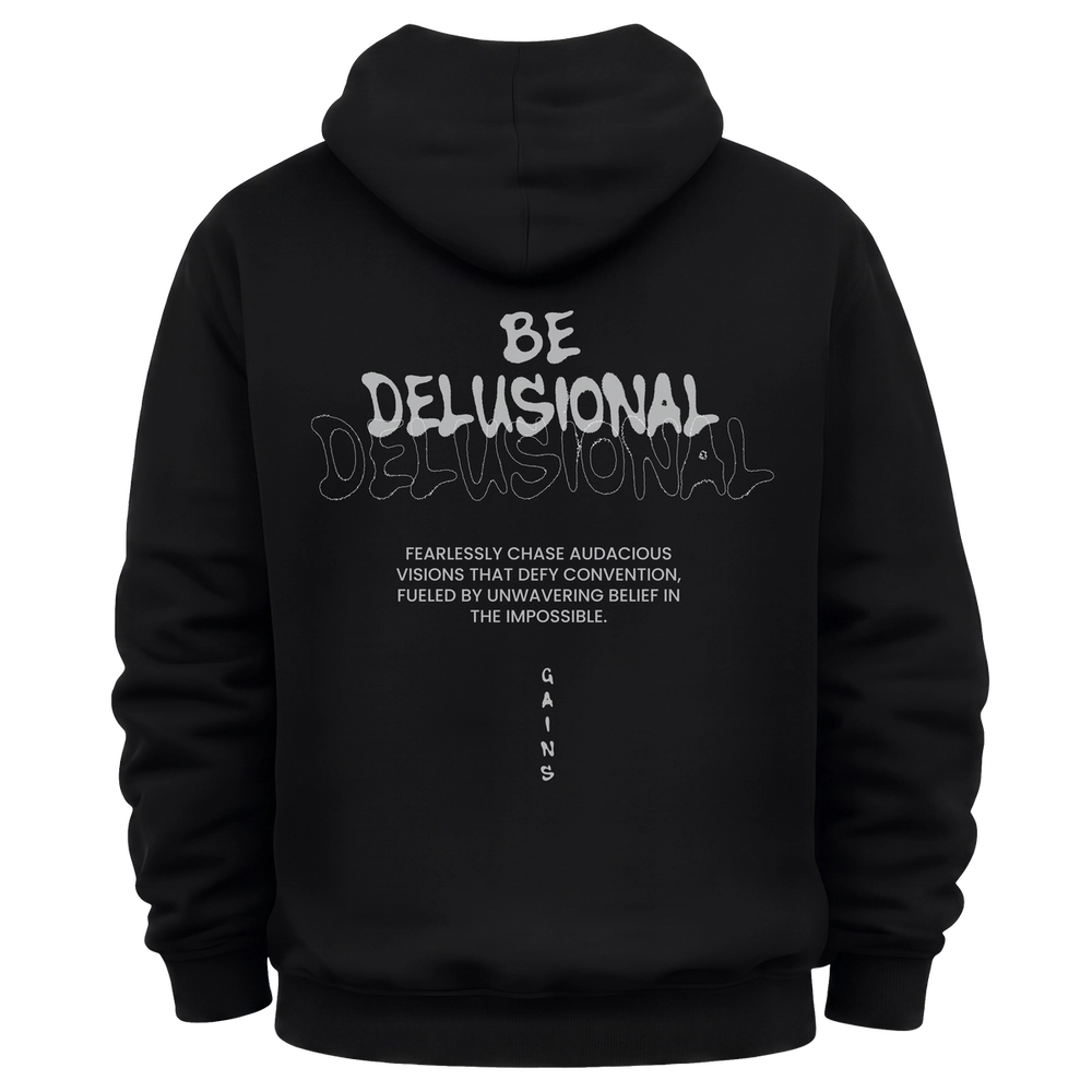 Black Be Delusional hoodie, back view