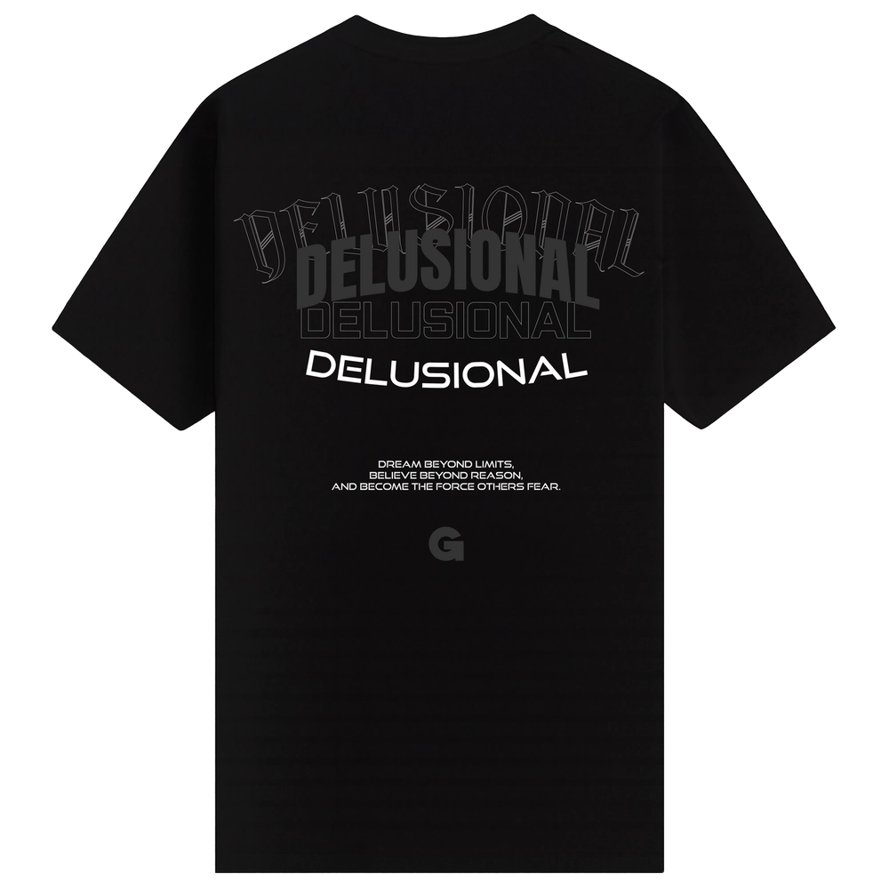 Black Be Delusional oversized tee, back view