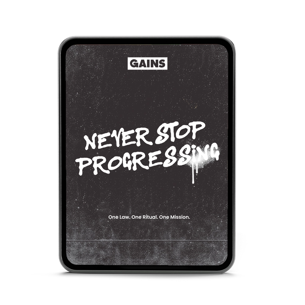 Tablet showing the Never Stop Progressing ebook cover